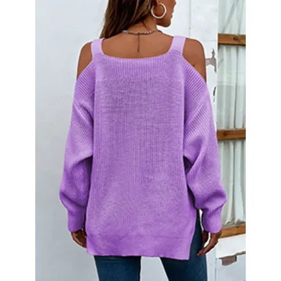 Long Sleeves Split-Side Solid Color Off-The-Shoulder Sweater Tops