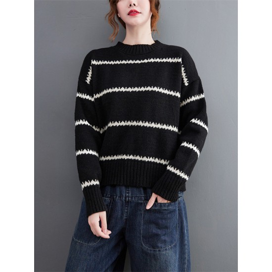 Casual Loose Long Sleeves Striped Round-Neck Sweater Tops Casual Loose Long Sleeves Striped Round-Neck Sweater Tops