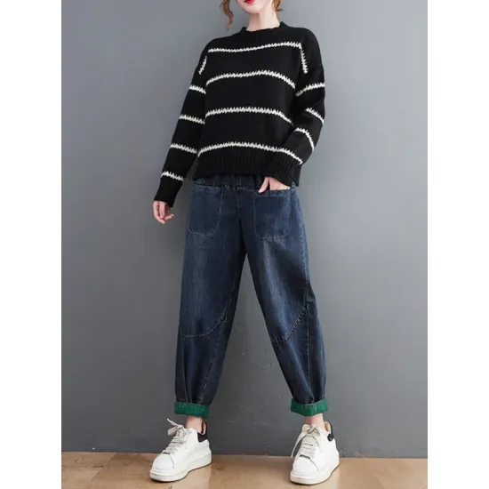 Casual Loose Long Sleeves Striped Round-Neck Sweater Tops Casual Loose Long Sleeves Striped Round-Neck Sweater Tops