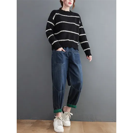 Casual Loose Long Sleeves Striped Round-Neck Sweater Tops Casual Loose Long Sleeves Striped Round-Neck Sweater Tops