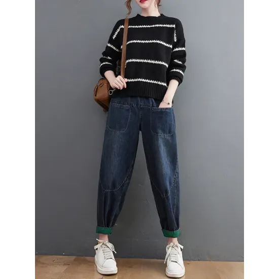 Casual Loose Long Sleeves Striped Round-Neck Sweater Tops Casual Loose Long Sleeves Striped Round-Neck Sweater Tops