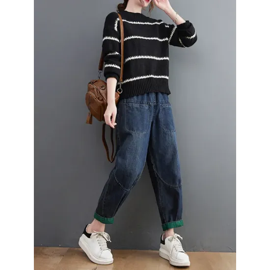Casual Loose Long Sleeves Striped Round-Neck Sweater Tops Casual Loose Long Sleeves Striped Round-Neck Sweater Tops
