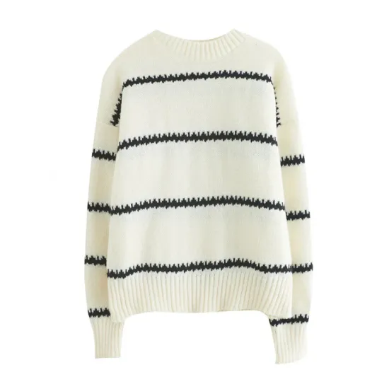 Casual Loose Long Sleeves Striped Round-Neck Sweater Tops Casual Loose Long Sleeves Striped Round-Neck Sweater Tops