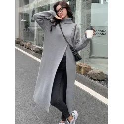 Stylish Long Sleeves Split-Front Solid Color High-Neck Sweater Tops