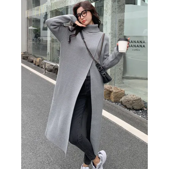 Stylish Long Sleeves Split-Front Solid Color High-Neck Sweater Tops