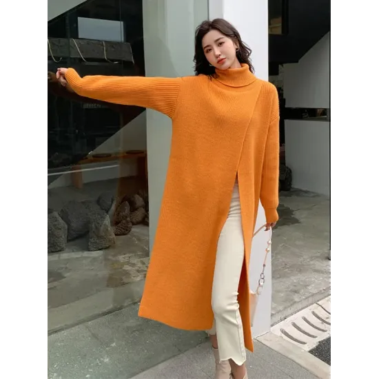 Stylish Long Sleeves Split-Front Solid Color High-Neck Sweater Tops