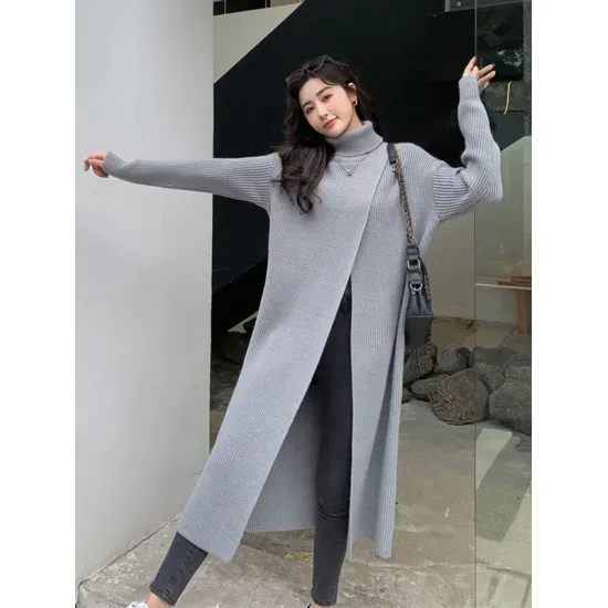 Stylish Long Sleeves Split-Front Solid Color High-Neck Sweater Tops