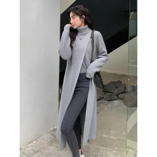 Stylish Long Sleeves Split-Front Solid Color High-Neck Sweater Tops