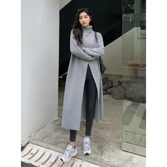 Stylish Long Sleeves Split-Front Solid Color High-Neck Sweater Tops