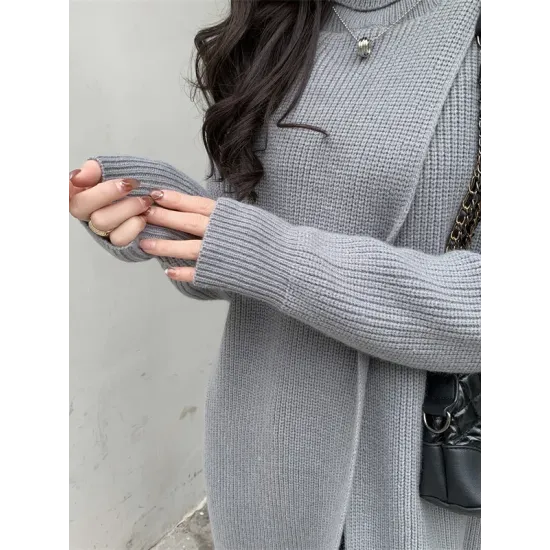 Stylish Long Sleeves Split-Front Solid Color High-Neck Sweater Tops