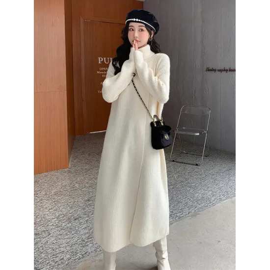 Stylish Long Sleeves Split-Front Solid Color High-Neck Sweater Tops