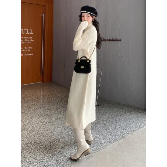 Stylish Long Sleeves Split-Front Solid Color High-Neck Sweater Tops