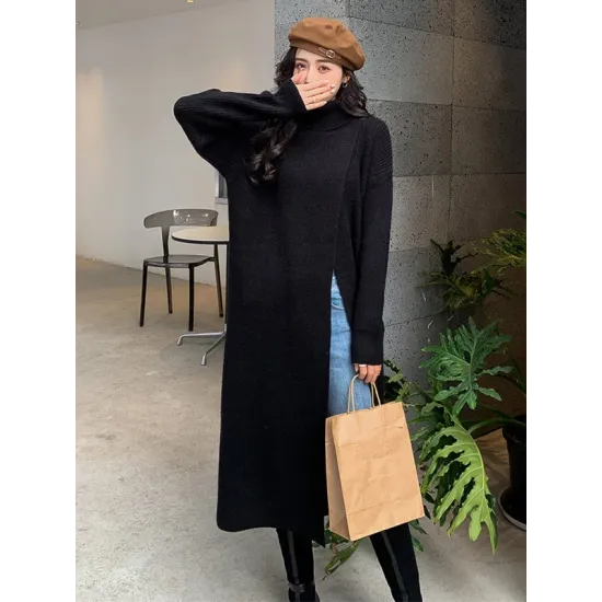 Stylish Long Sleeves Split-Front Solid Color High-Neck Sweater Tops