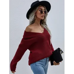 Casual Loose Solid Color V-Neck Sweater Tops