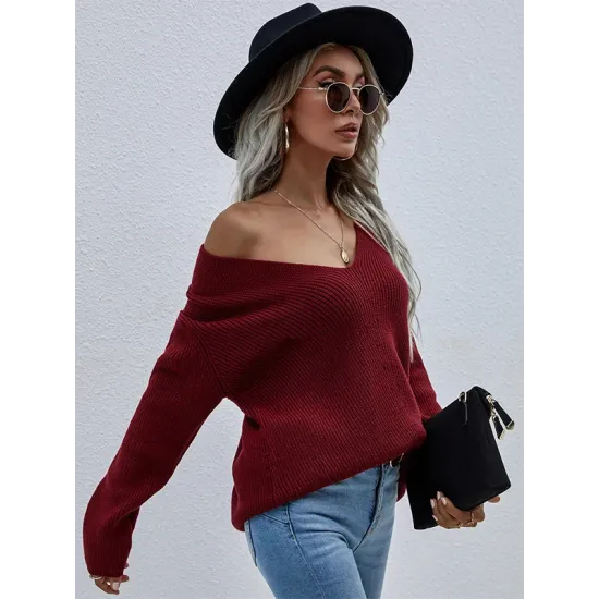 Casual Loose Solid Color V-Neck Sweater Tops Casual Loose Solid Color V-Neck Sweater Tops