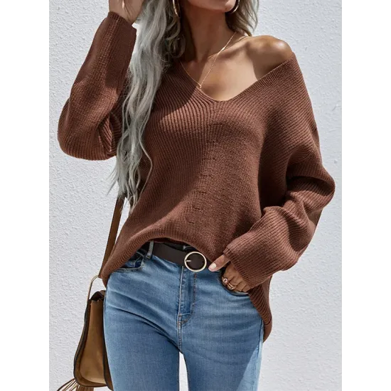 Casual Loose Solid Color V-Neck Sweater Tops Casual Loose Solid Color V-Neck Sweater Tops