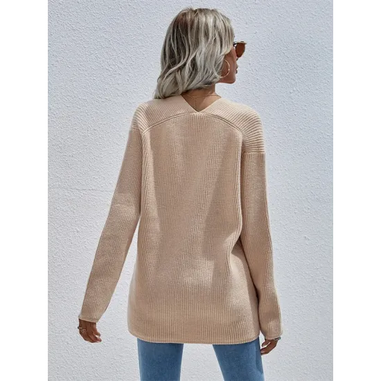 Casual Loose Solid Color V-Neck Sweater Tops Casual Loose Solid Color V-Neck Sweater Tops