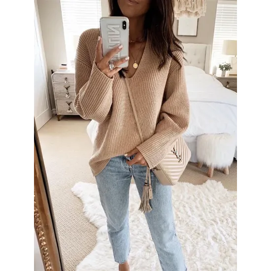 Casual Loose Solid Color V-Neck Sweater Tops Casual Loose Solid Color V-Neck Sweater Tops