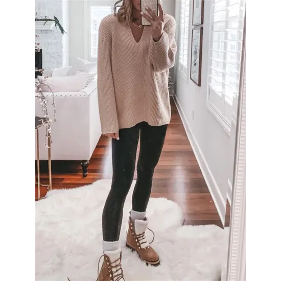 Casual Loose Solid Color V-Neck Sweater Tops Casual Loose Solid Color V-Neck Sweater Tops