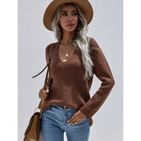 Casual Loose Solid Color V-Neck Sweater Tops Casual Loose Solid Color V-Neck Sweater Tops