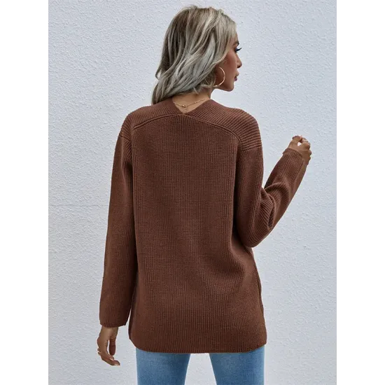 Casual Loose Solid Color V-Neck Sweater Tops Casual Loose Solid Color V-Neck Sweater Tops