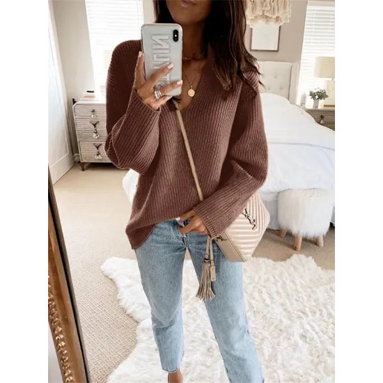 Casual Loose Solid Color V-Neck Sweater Tops Casual Loose Solid Color V-Neck Sweater Tops