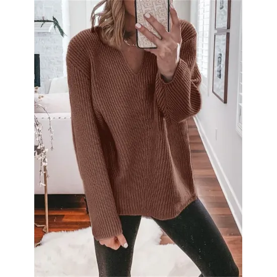 Casual Loose Solid Color V-Neck Sweater Tops Casual Loose Solid Color V-Neck Sweater Tops