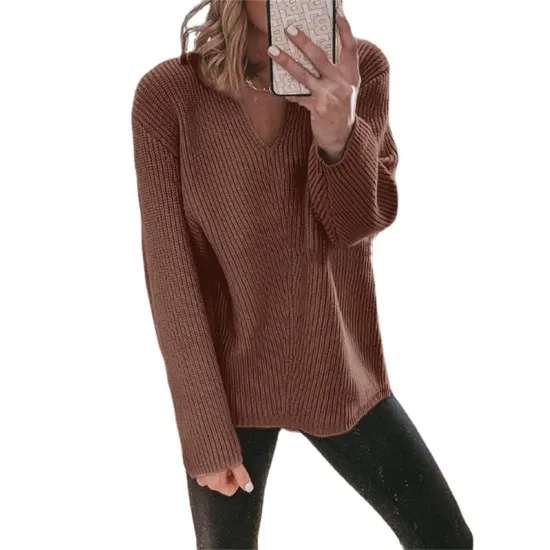 Casual Loose Solid Color V-Neck Sweater Tops Casual Loose Solid Color V-Neck Sweater Tops