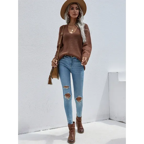Casual Loose Solid Color V-Neck Sweater Tops Casual Loose Solid Color V-Neck Sweater Tops