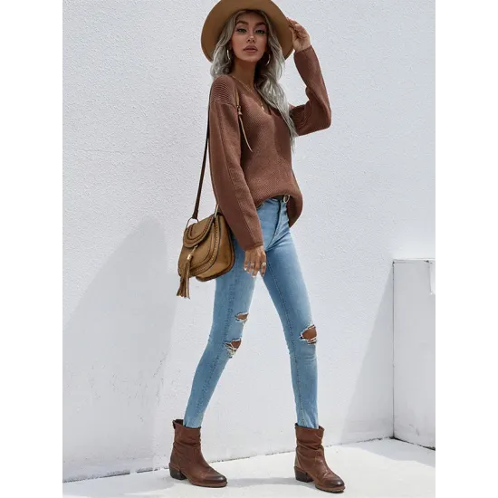 Casual Loose Solid Color V-Neck Sweater Tops Casual Loose Solid Color V-Neck Sweater Tops