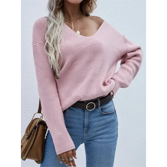 Casual Loose Solid Color V-Neck Sweater Tops Casual Loose Solid Color V-Neck Sweater Tops