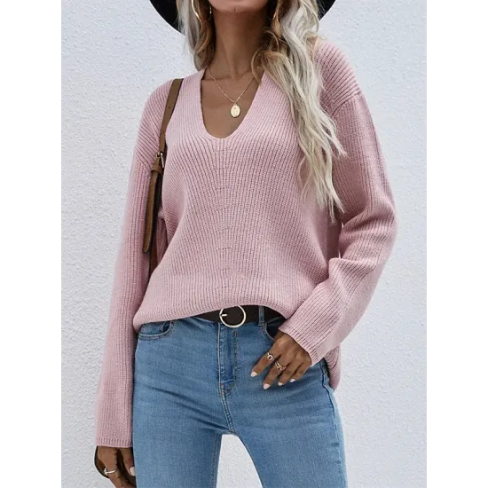 Casual Loose Solid Color V-Neck Sweater Tops Casual Loose Solid Color V-Neck Sweater Tops