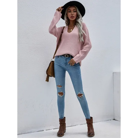 Casual Loose Solid Color V-Neck Sweater Tops Casual Loose Solid Color V-Neck Sweater Tops