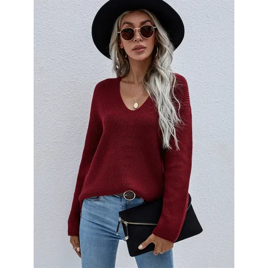 Casual Loose Solid Color V-Neck Sweater Tops Casual Loose Solid Color V-Neck Sweater Tops