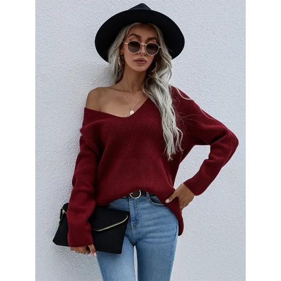 Casual Loose Solid Color V-Neck Sweater Tops Casual Loose Solid Color V-Neck Sweater Tops
