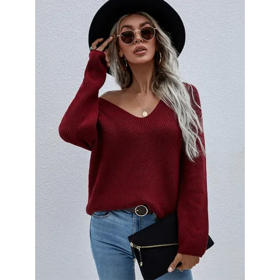 Casual Loose Solid Color V-Neck Sweater Tops Casual Loose Solid Color V-Neck Sweater Tops