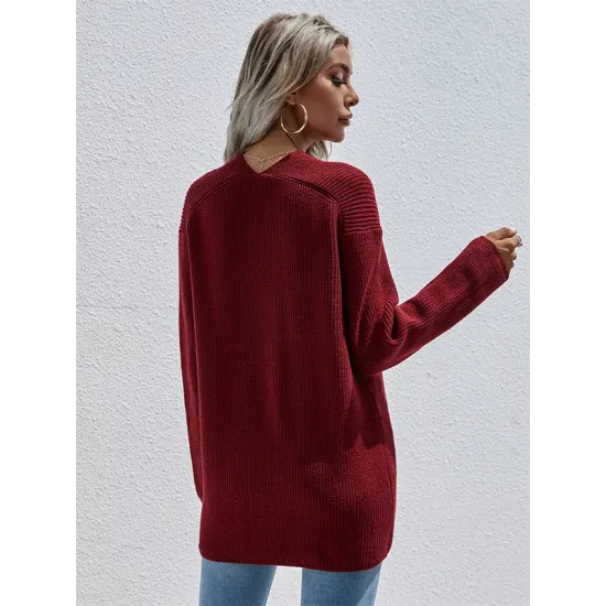 Casual Loose Solid Color V-Neck Sweater Tops Casual Loose Solid Color V-Neck Sweater Tops