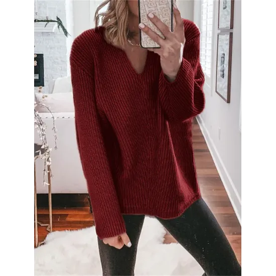 Casual Loose Solid Color V-Neck Sweater Tops Casual Loose Solid Color V-Neck Sweater Tops