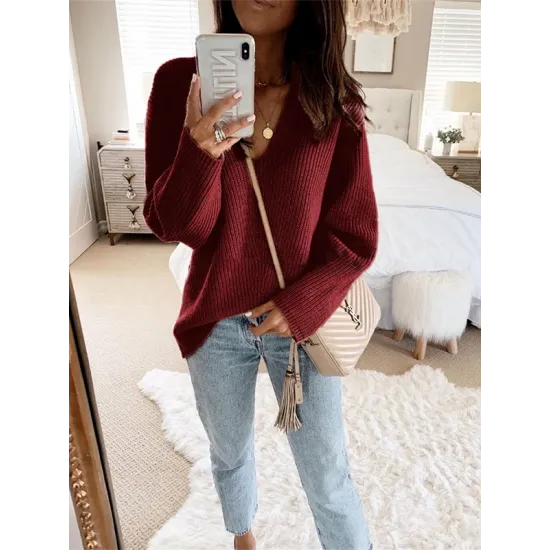 Casual Loose Solid Color V-Neck Sweater Tops Casual Loose Solid Color V-Neck Sweater Tops