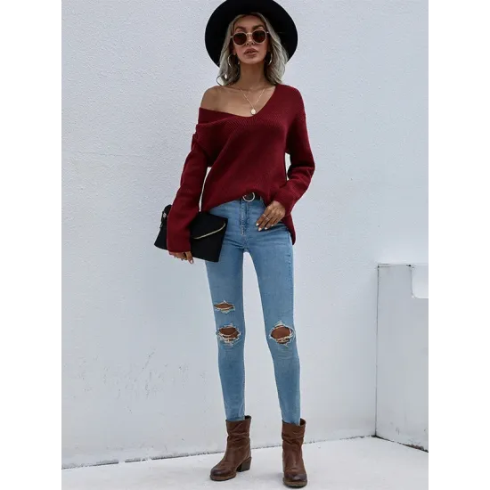 Casual Loose Solid Color V-Neck Sweater Tops Casual Loose Solid Color V-Neck Sweater Tops