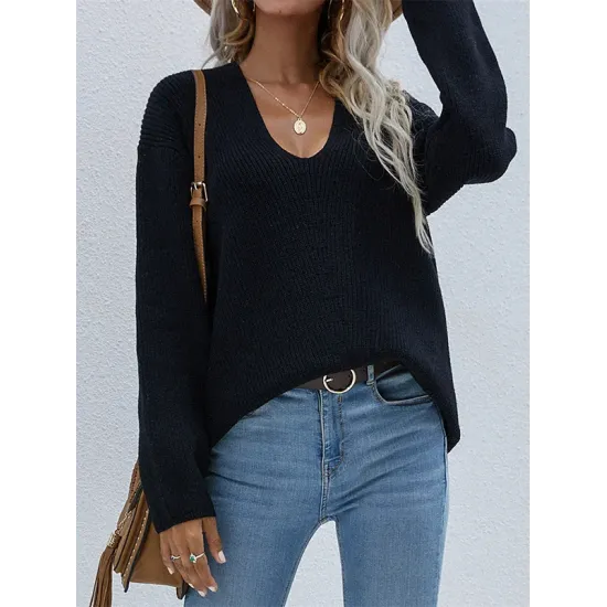 Casual Loose Solid Color V-Neck Sweater Tops Casual Loose Solid Color V-Neck Sweater Tops