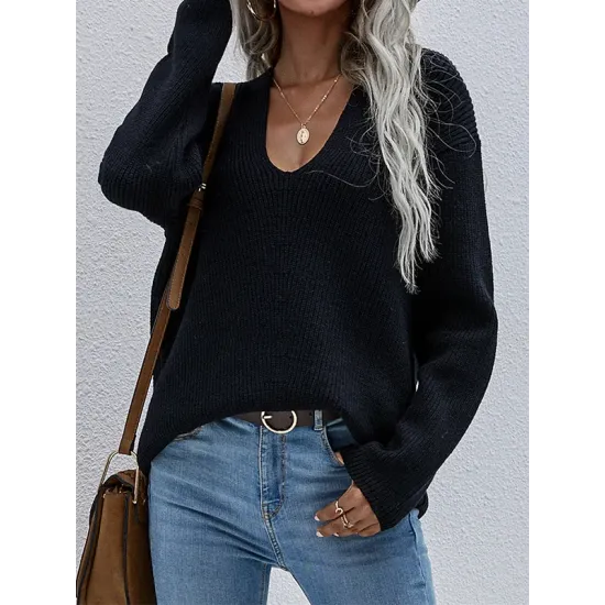 Casual Loose Solid Color V-Neck Sweater Tops Casual Loose Solid Color V-Neck Sweater Tops
