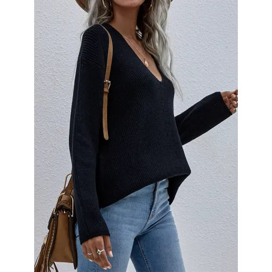 Casual Loose Solid Color V-Neck Sweater Tops Casual Loose Solid Color V-Neck Sweater Tops