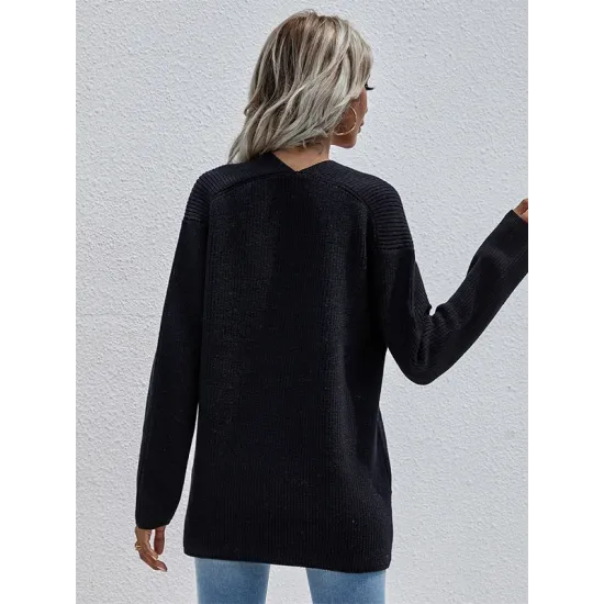 Casual Loose Solid Color V-Neck Sweater Tops Casual Loose Solid Color V-Neck Sweater Tops