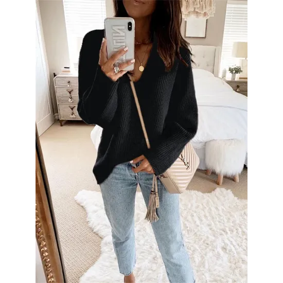 Casual Loose Solid Color V-Neck Sweater Tops Casual Loose Solid Color V-Neck Sweater Tops