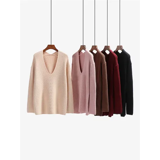 Casual Loose Solid Color V-Neck Sweater Tops Casual Loose Solid Color V-Neck Sweater Tops