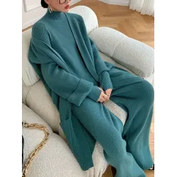 Stylish Solid 3 Piece High-Neck Sweater & Wide Leg Pants& Cardigan Tops Set
