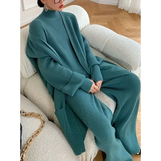 Stylish Solid 3 Piece High-Neck Sweater & Wide Leg Pants& Cardigan Tops Set