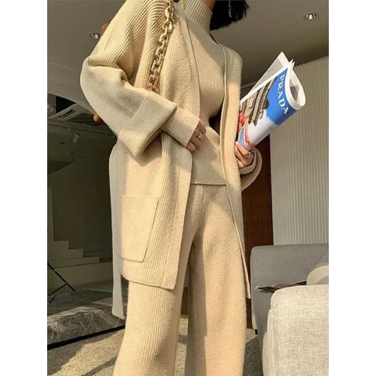 Stylish Solid 3 Piece High-Neck Sweater & Wide Leg Pants& Cardigan Tops Set