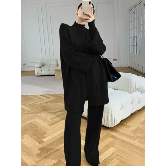 Stylish Solid 3 Piece High-Neck Sweater & Wide Leg Pants& Cardigan Tops Set